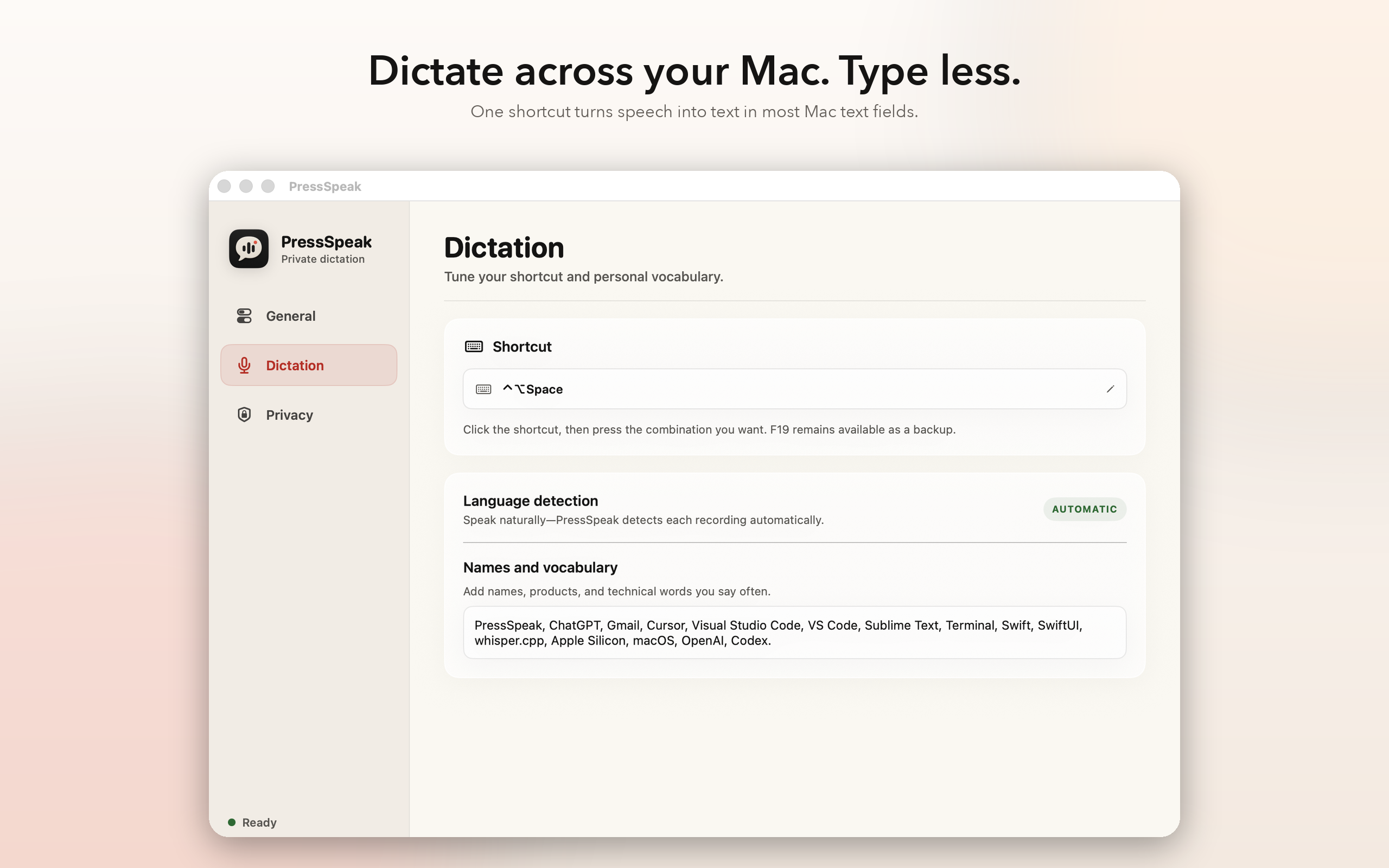 PressSpeak settings showing its registered shortcut and automatic language detection