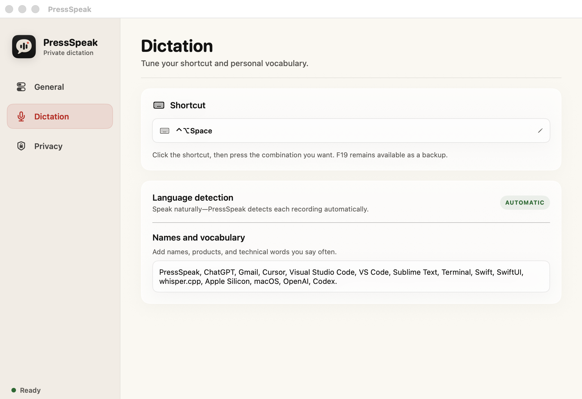 PressSpeak showing a chosen global shortcut